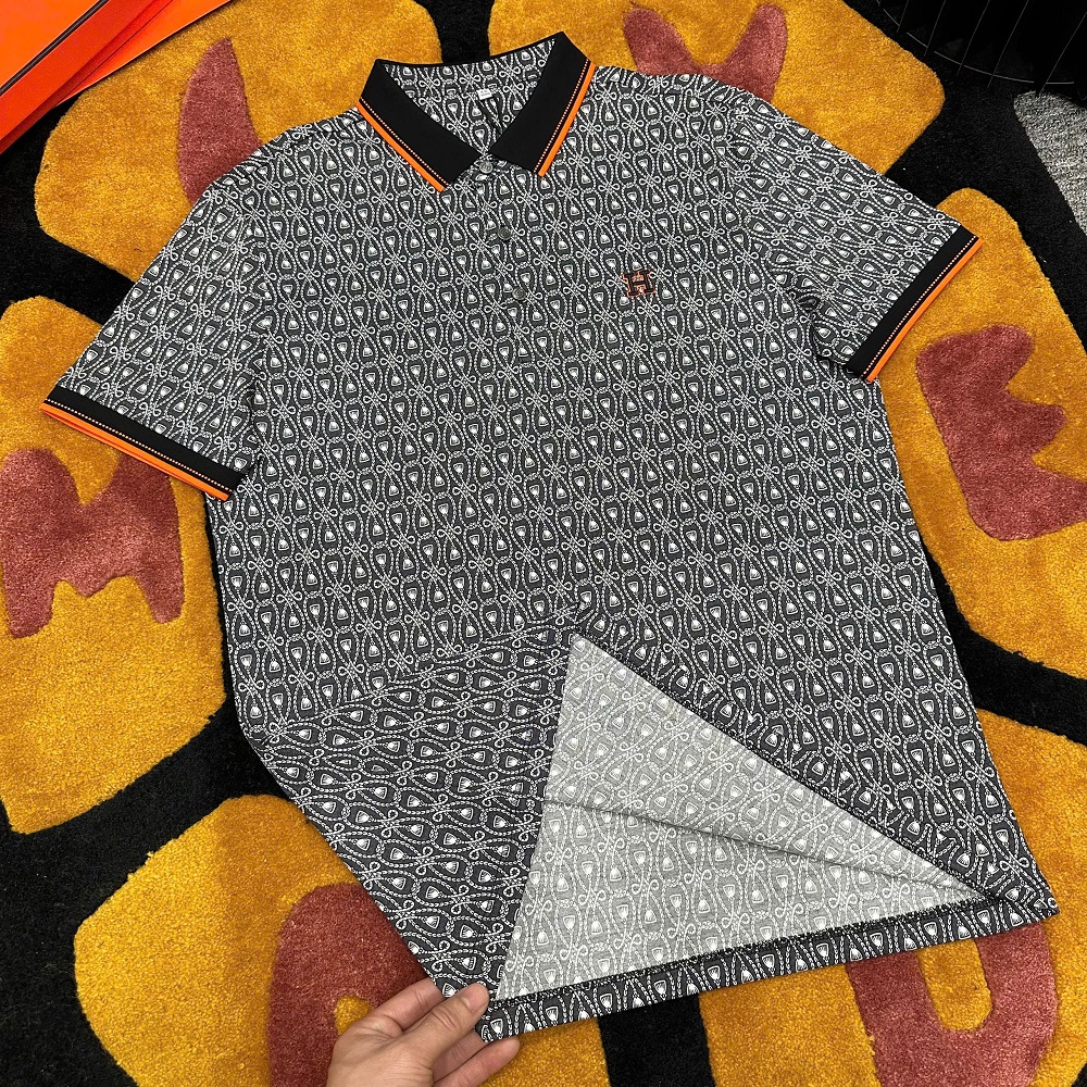 Áo polo Hermes HM họa tiết logo H thêu ngực kẻ viền Cam LA 1-1 on web MK